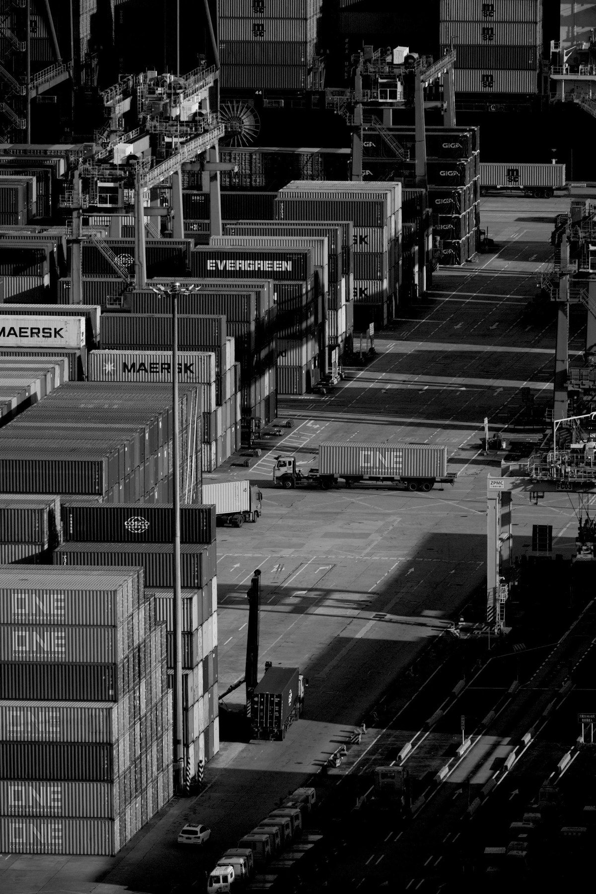 Stacked shipping containers at a port